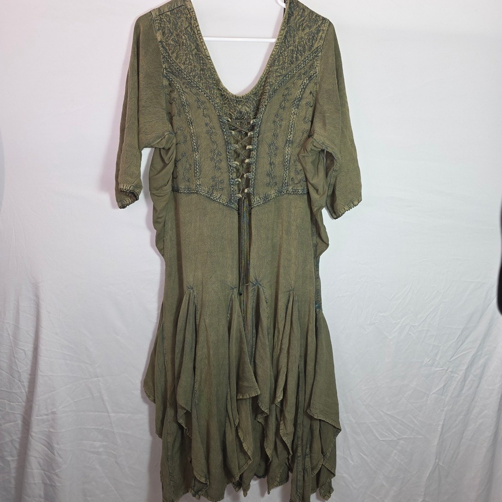 Flower Women Plus Size Boho Embroidered Lace Up Corset Rayon Dress Olive Green